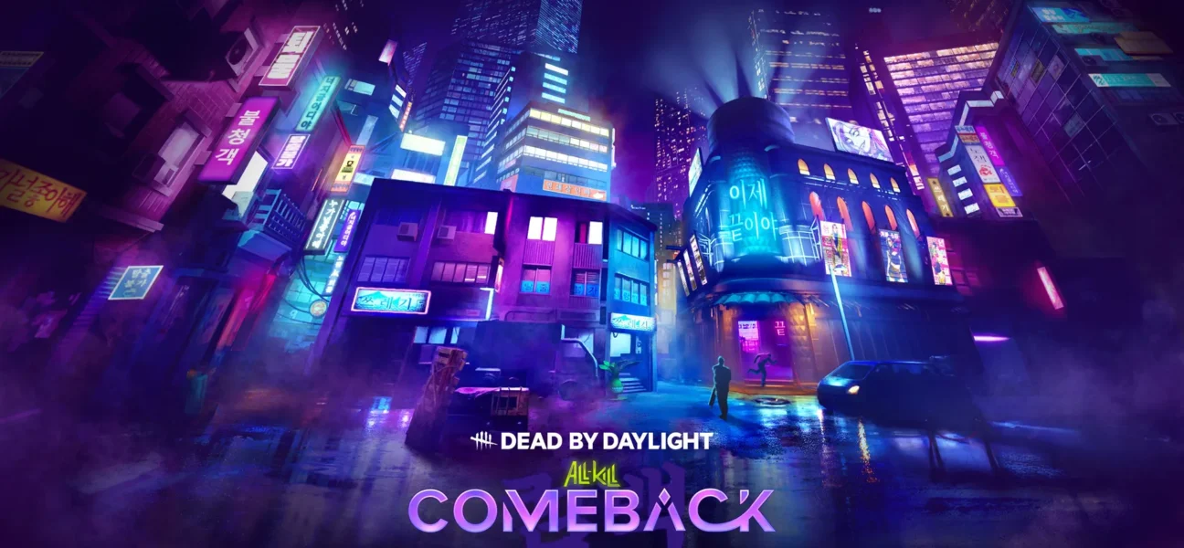 Arte de Dead by Daylight mostrando uma rua de uma metrópole asiática à noite, iluminada por letreiros neon em roxo e azul, com prédios altos ao fundo. O chão está molhado e reflete as luzes. Duas figuras em silhueta estão na rua.