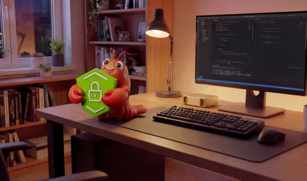 Mascote NemoClaw da NVIDIA segurando um escudo de segurança verde sobre uma mesa de escritório com monitor exibindo códigos.