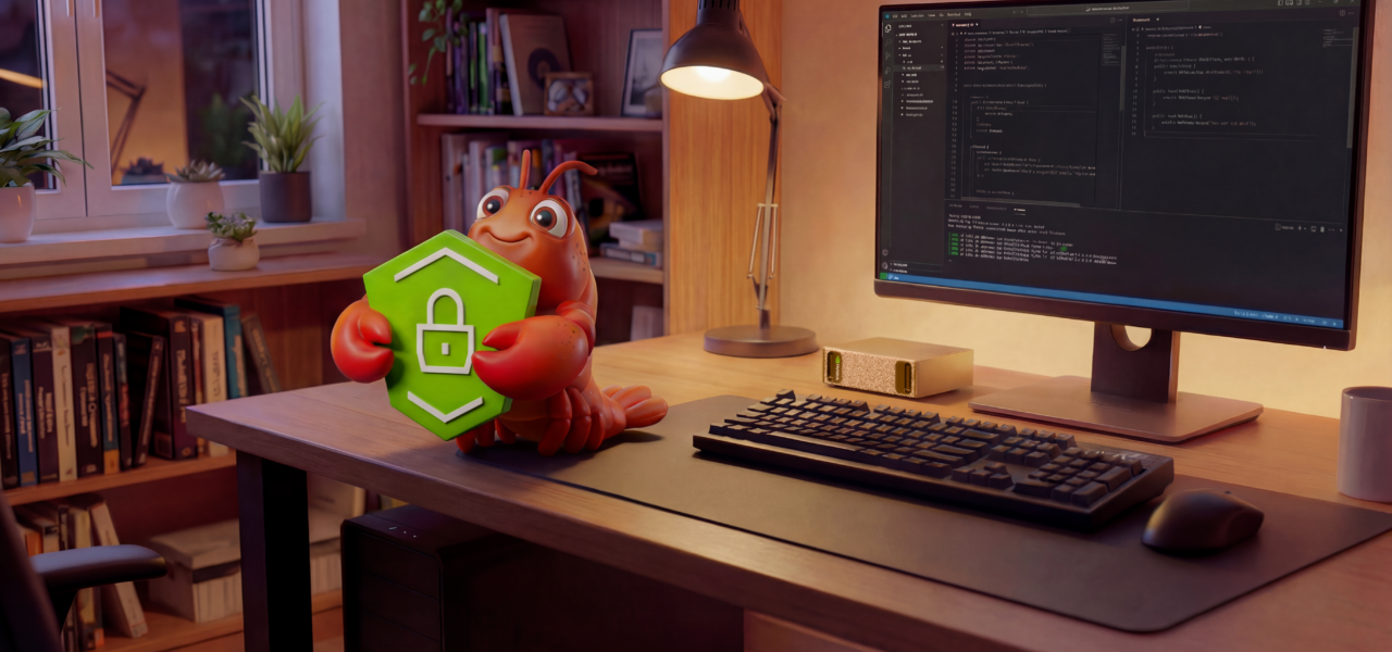 Mascote NemoClaw da NVIDIA segurando um escudo de segurança verde sobre uma mesa de escritório com monitor exibindo códigos.