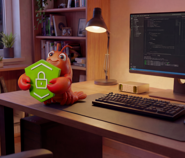 Mascote NemoClaw da NVIDIA segurando um escudo de segurança verde sobre uma mesa de escritório com monitor exibindo códigos.