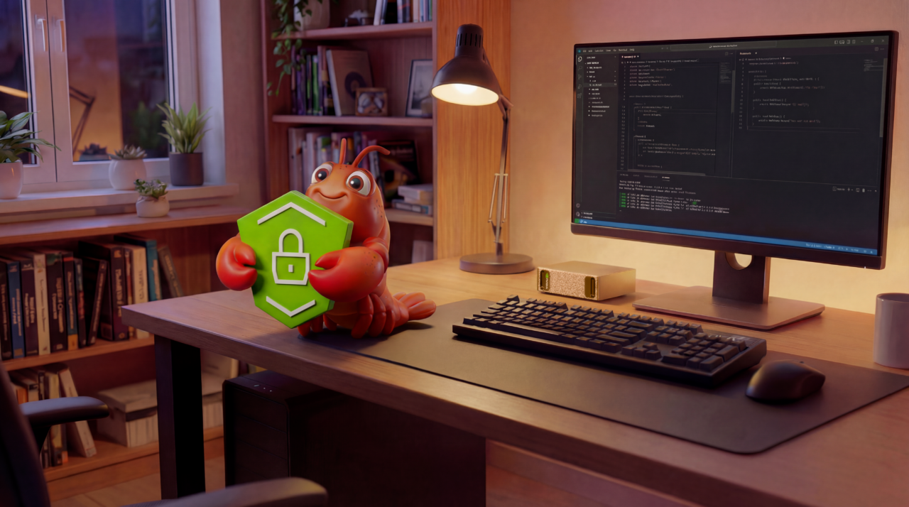 Mascote NemoClaw da NVIDIA segurando um escudo de segurança verde sobre uma mesa de escritório com monitor exibindo códigos.