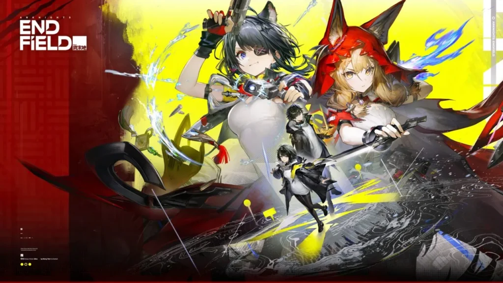 Ilustração do jogo Arknights: Endfield destacando personagens em estilo anime sobre um fundo amarelo vibrante com elementos táticos.