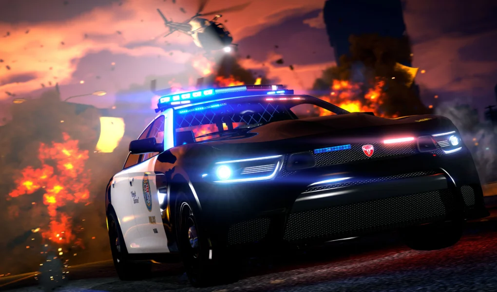 Viatura policial Bravado Buffalo STX Pursuit em cena de perseguição no GTA Online.