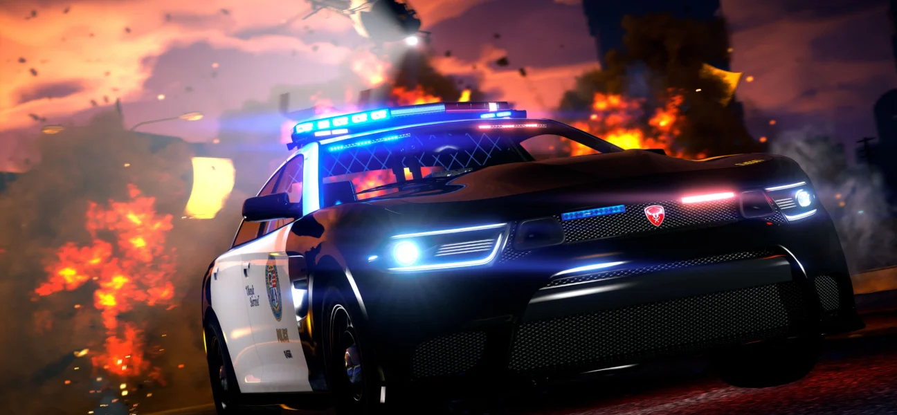 Viatura policial Bravado Buffalo STX Pursuit em cena de perseguição no GTA Online.