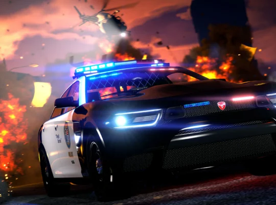 Viatura policial Bravado Buffalo STX Pursuit em cena de perseguição no GTA Online.
