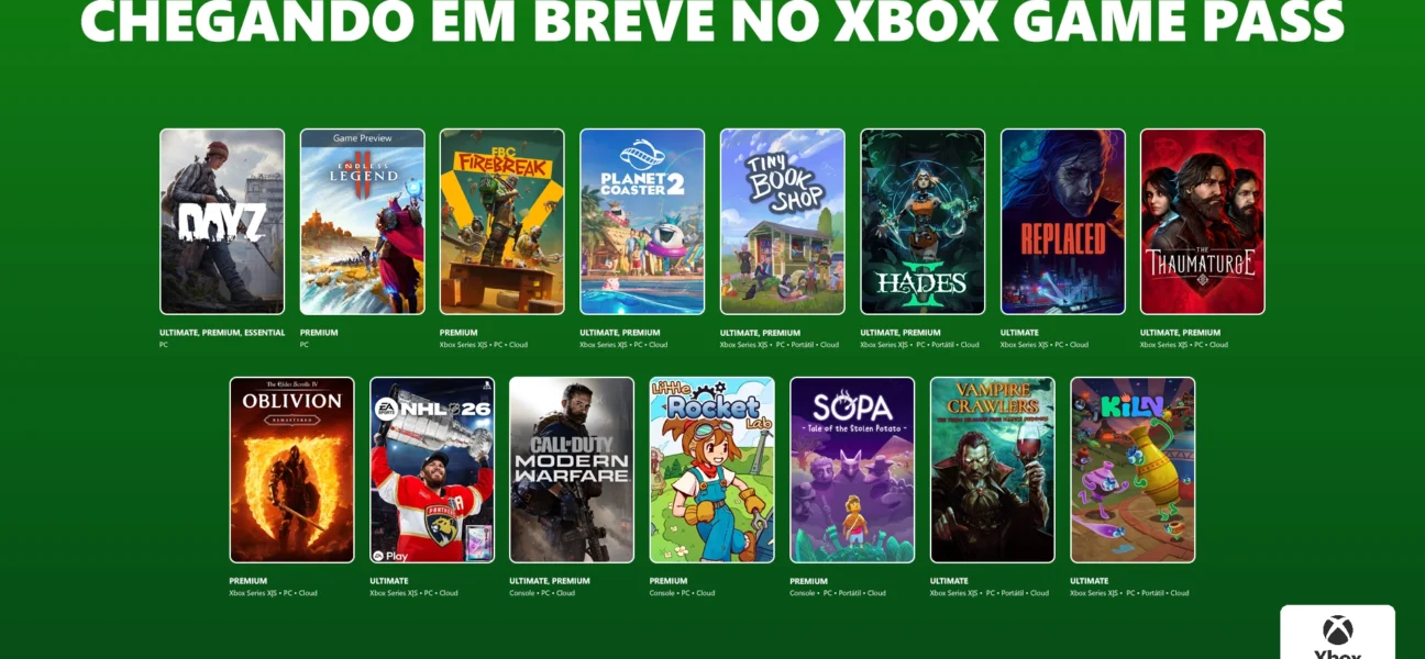 Banner oficial com os jogos de abril de 2026 do Xbox Game Pass, apresentando títulos como Hades II, Call of Duty: Modern Warfare e Oblivion Remastered sobre fundo verde.