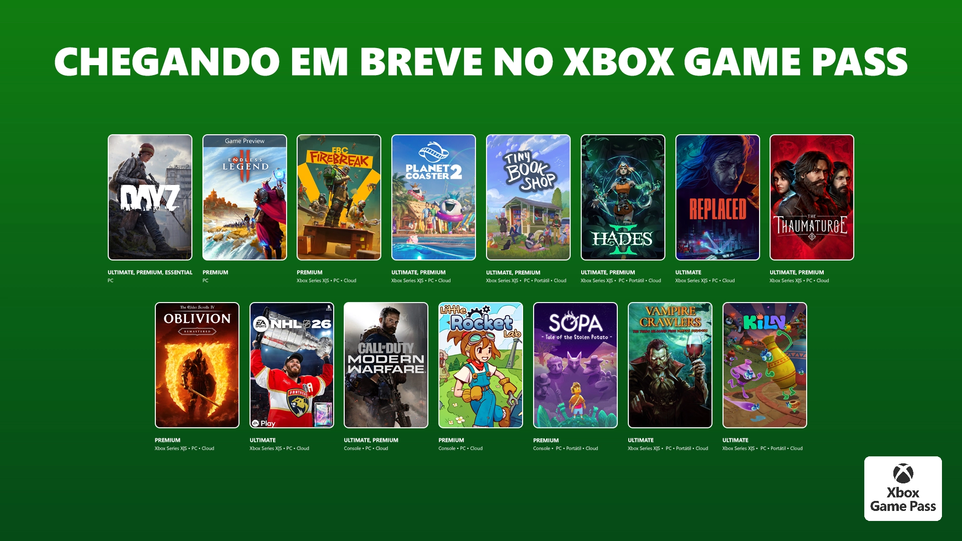 Banner oficial com os jogos de abril de 2026 do Xbox Game Pass, apresentando títulos como Hades II, Call of Duty: Modern Warfare e Oblivion Remastered sobre fundo verde.