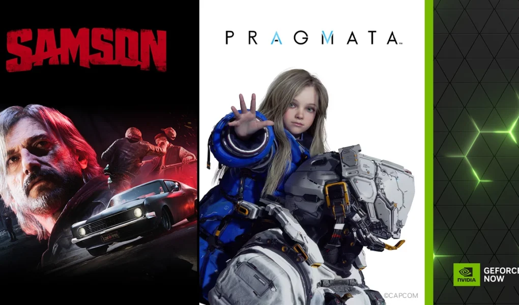 Banner oficial do GeForce NOW de abril apresentando os jogos Samson e Pragmata da Capcom com o logotipo da NVIDIA no canto inferior.