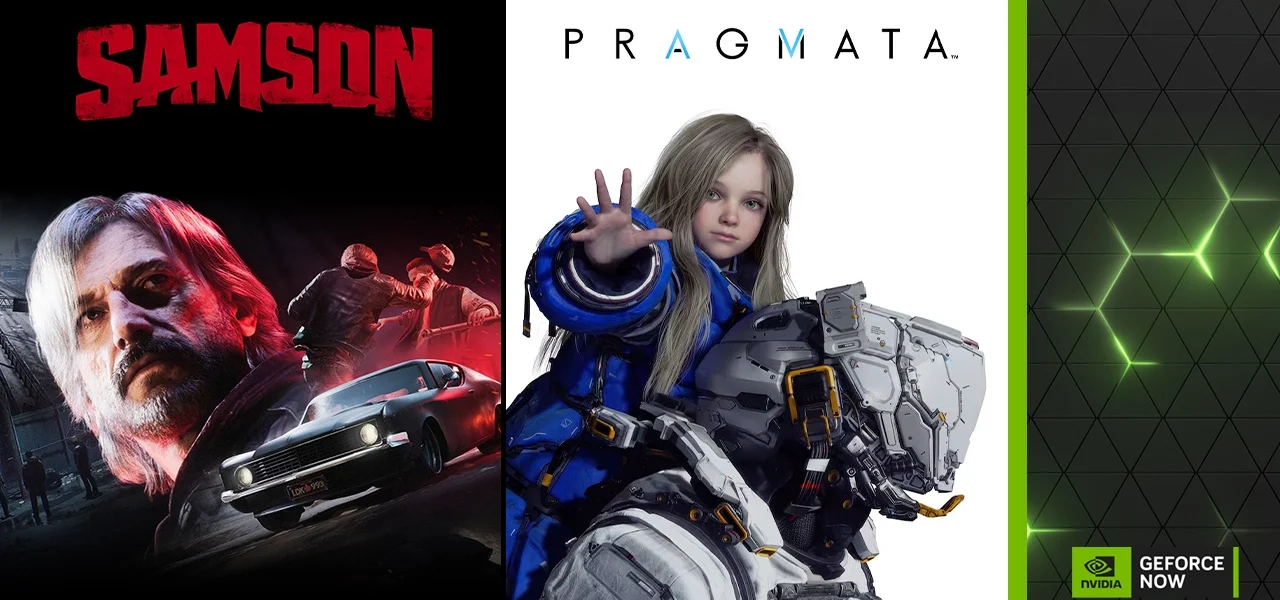 Banner oficial do GeForce NOW de abril apresentando os jogos Samson e Pragmata da Capcom com o logotipo da NVIDIA no canto inferior.