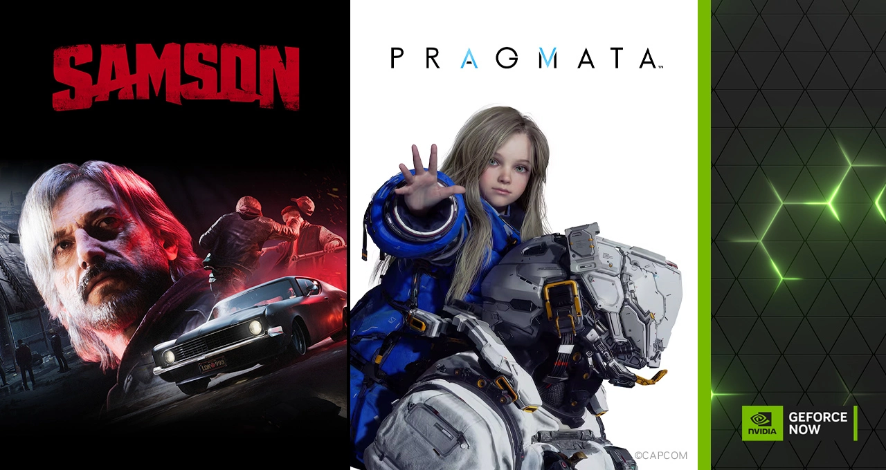 Banner oficial do GeForce NOW de abril apresentando os jogos Samson e Pragmata da Capcom com o logotipo da NVIDIA no canto inferior.