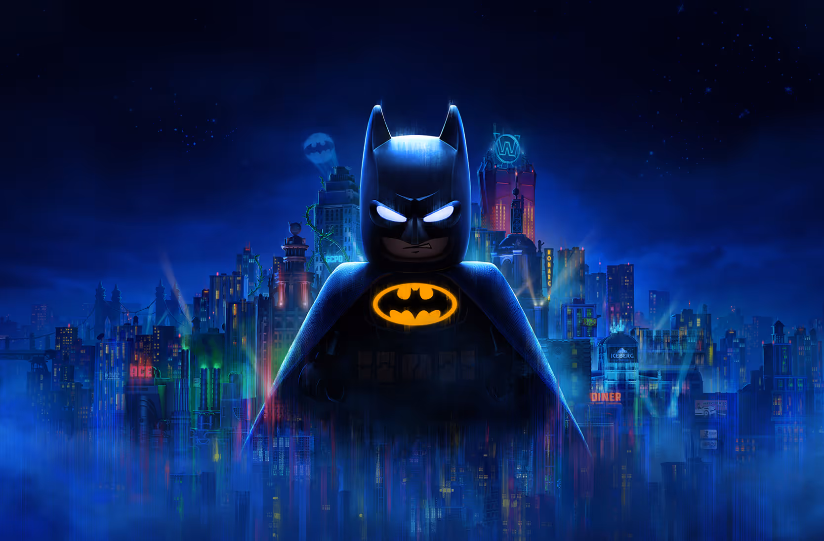 LEGO Batman em destaque com a silhueta da cidade de Gotham ao fundo em tons de azul e iluminação neon.